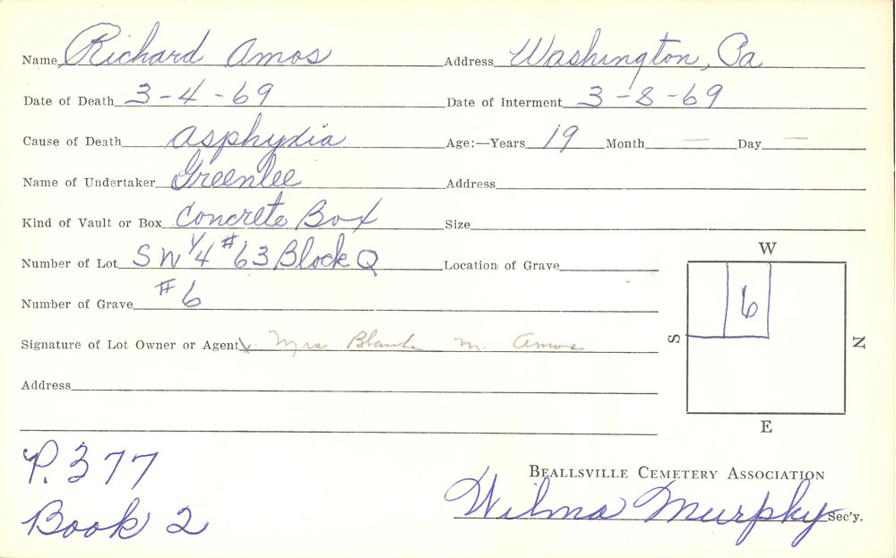 Richard Amos burial card